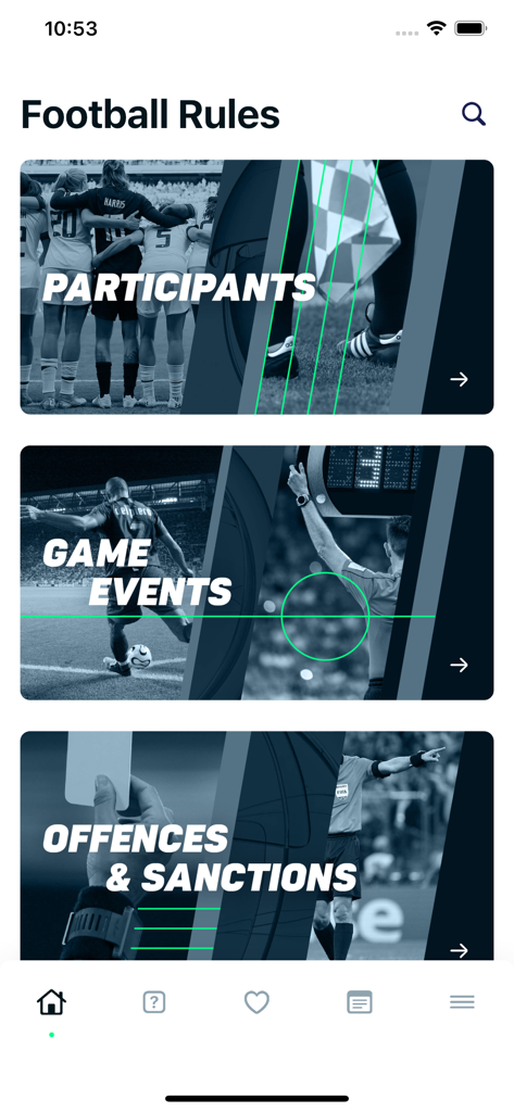 Football Rules by The IFAB - Home screen of the Football Rules by IFAB app showing categories for participants game events and offences