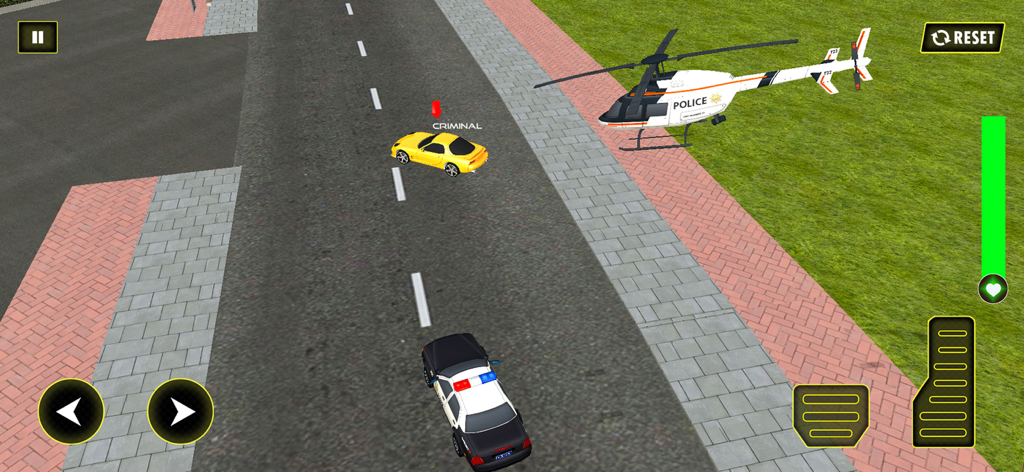 Police Car Chase Escape Game - Vista cenital de un coche de policía persiguiendo a un vehículo criminal amarillo por una calle de la ciudad con un helicóptero de policía cerca.