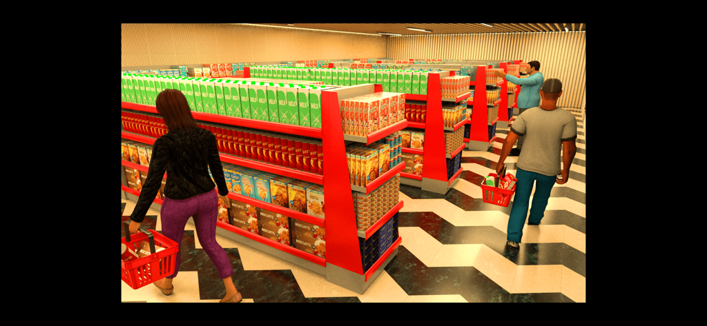 Simulação 3D de compradores com cestas andando pelos corredores do supermercado com prateleiras vermelhas abastecidas