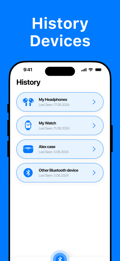 Find my Pods and Device - History screen of the Find my Pods and Device app showing a list of recently tracked Bluetooth devices