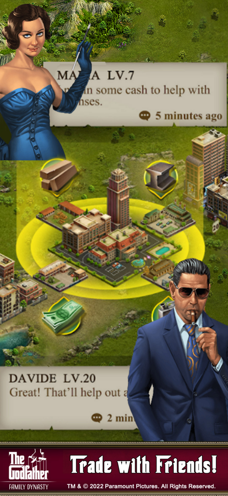 Gameplay-Screenshot von Der Pate – Das Spiel, der den Städtebau und ein Banner für eine soziale Handelsfunktion zeigt