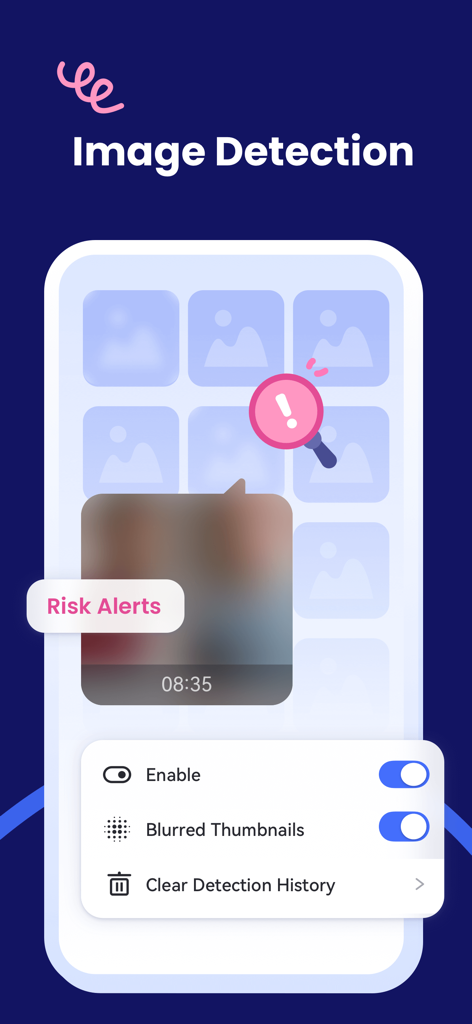 AirDroid Kids image detection feature showing risk alerts and blurred thumbnail settings for child safety