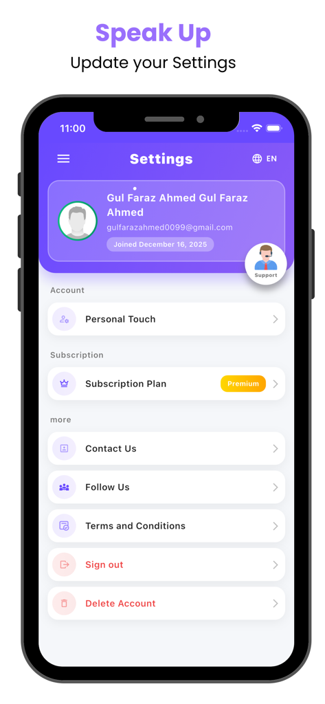 Speak-Up App - Settings screen of the Speak-Up app showing user account details and premium subscription status