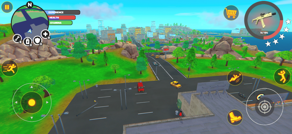 Stick Hero Simulator - Panoramic view of the 3D open world city and game interface in Stick Hero Simulator