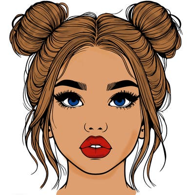 realistic girl with two buns on her hair and lips