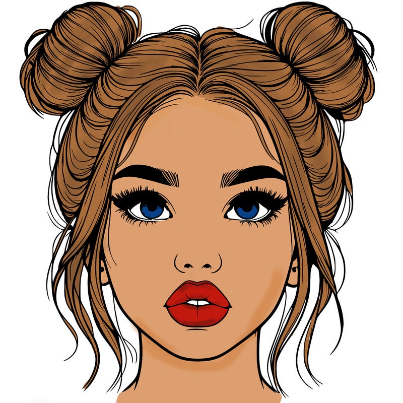 realistic girl with two buns on her hair and lips