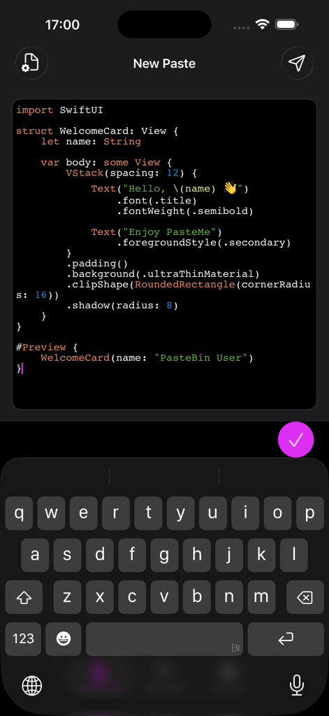 PasteMe app interface showing SwiftUI code with syntax highlighting in dark mode
