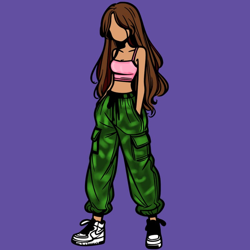 girl in baggy pants crop top and long hair