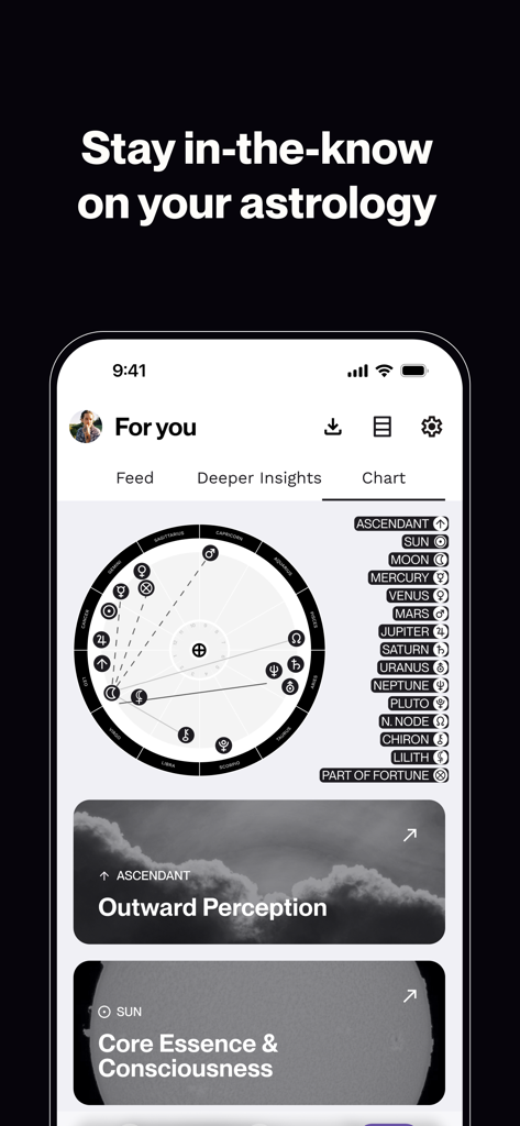 Stars Align - Interfaz de la aplicación Stars Align mostrando una rueda detallada de carta natal astrológica con posiciones planetarias e información personal.