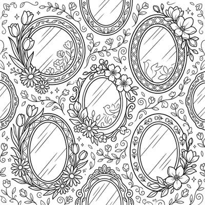 Step into a world of elegance with this intricate spring-themed coloring page, showcasing beautifully framed mirrors adorned with a bounty of fresh flowers and delicate vines. It's the perfect canvas to bring the renewing spirit of the season to life with your favorite colors.