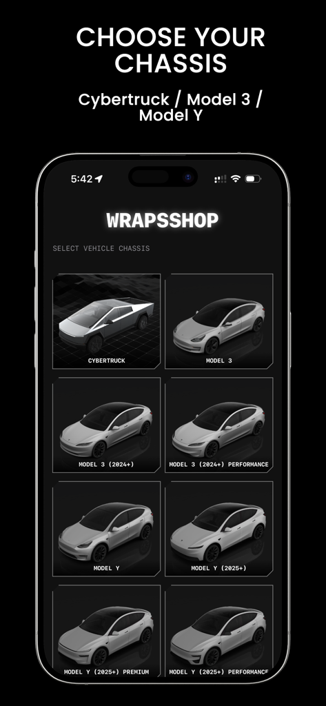 WrapsShop - Interfaz de la aplicación WrapsShop que muestra una cuadrícula de modelos de coches Tesla, incluyendo Cybertruck y Model 3, para la personalización de vinilos.