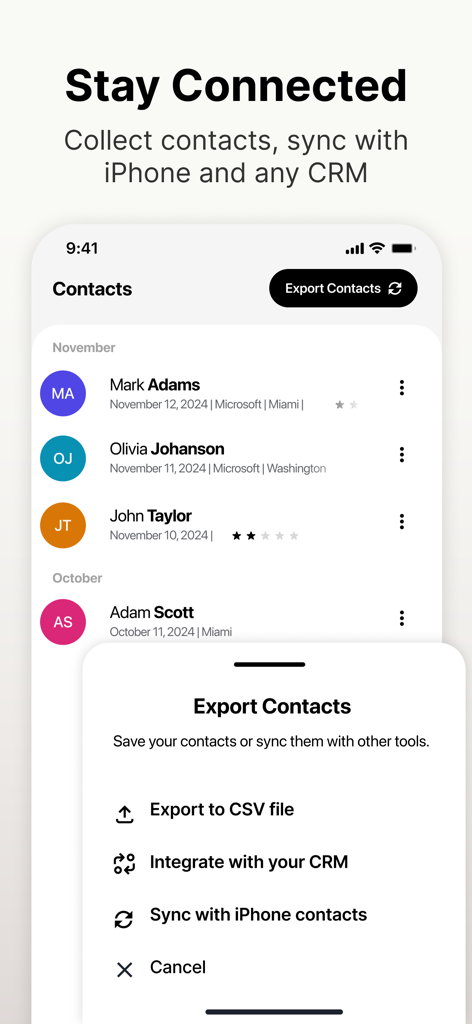 HeyDrop: Digital Business Card - Interfaz de la app móvil HeyDrop mostrando una lista de contactos profesionales y opciones de exportación para CRM y archivos CSV