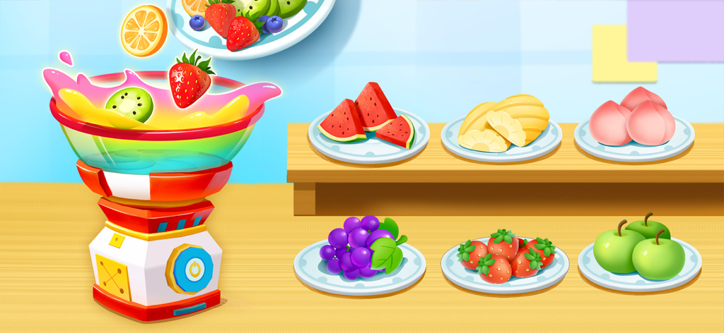 Una macchina per caramelle colorata che mescola frutta fresca con piatti di ingredienti sullo sfondo