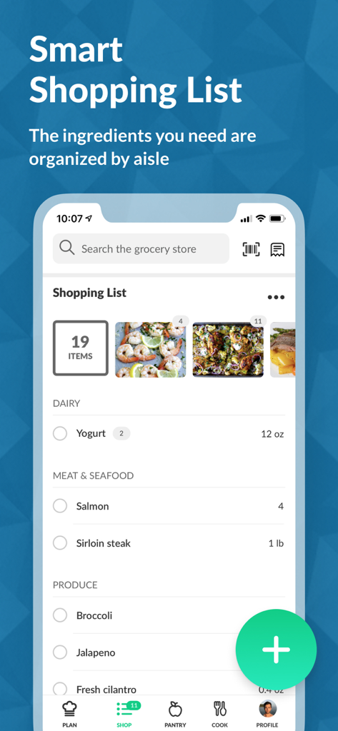 Cooklist app interface showing a shopping list organized by grocery aisle