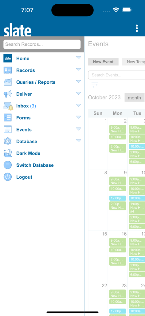 Slate CRM mobile app dashboard showing navigation menu and events calendar for admissions staff