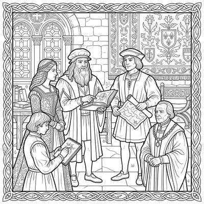 Immerse yourself in the intellectual and artistic world of the Renaissance with this captivating coloring page. Featuring a group of historical figures, this intricate design invites you to bring an era of discovery to life with your colors.