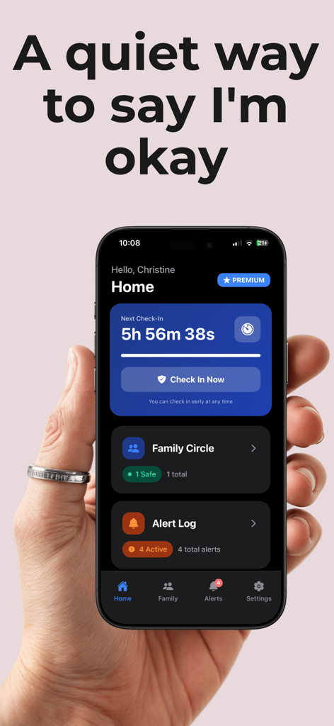 Interface do aplicativo Beep Safe mostrando um temporizador de check-in e status de segurança em um smartphone