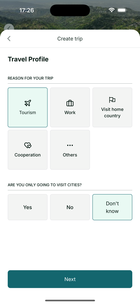 famba - The travel profile creation screen in the famba app showing trip purpose and destination details selection
