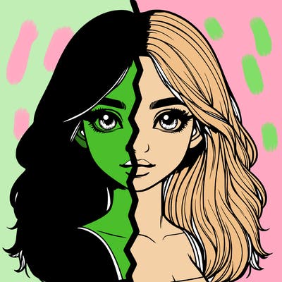 realistic girl split into two