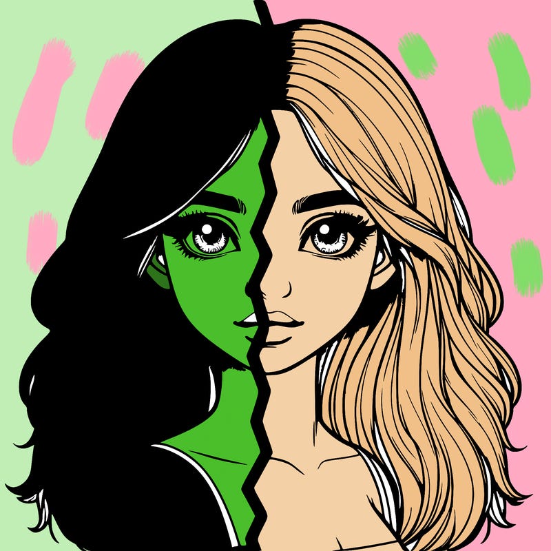 realistic girl split into two