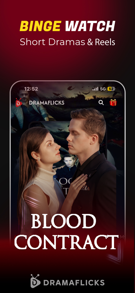 A promotional screenshot for the DramaFlicks app featuring a short drama titled Blood Contract with a man and woman in a dramatic pose.