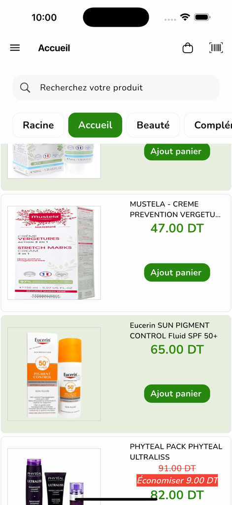 Para Fendri - Interface of Para Fendri app showing beauty and skincare products with prices and add to cart buttons