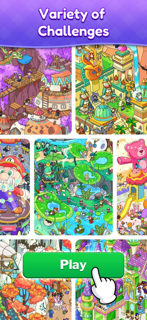 Uma colagem mostrando diferentes níveis coloridos e temáticos em um jogo de objetos escondidos.