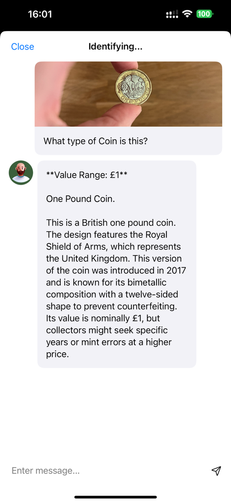 Coin Scanner: Identify & Value - Smartphone screen showing the AI identification of a British one pound coin with value and history details.