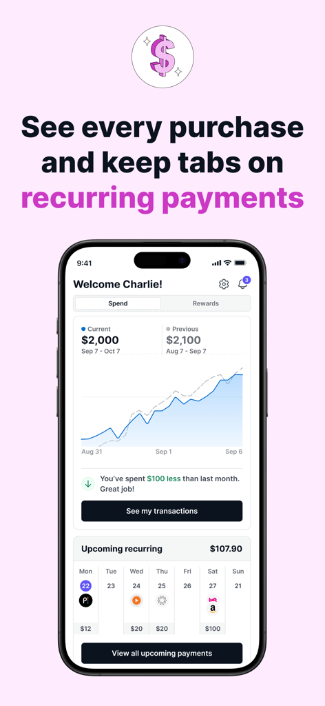 Kudos app dashboard showing spending analysis and upcoming recurring subscription payments