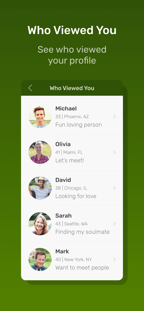 A list of user profiles showing names, ages, and locations under the Who Viewed You feature of the Farmers Dating Site app.