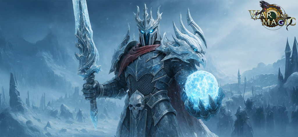 War and Magic: Kingdom Reborn - A fantasy knight in spiky blue armor holding a frozen sword and a glowing magical orb in a snowy landscape
