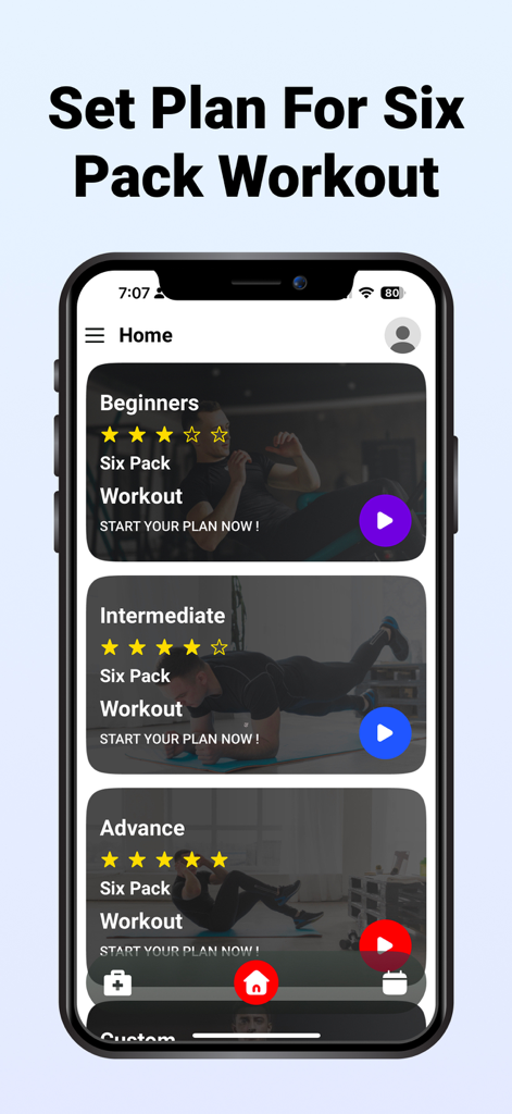 Six Pack in 30 Days - Core Abs - Home screen of the Six Pack in 30 Days app showing beginner intermediate and advanced workout levels