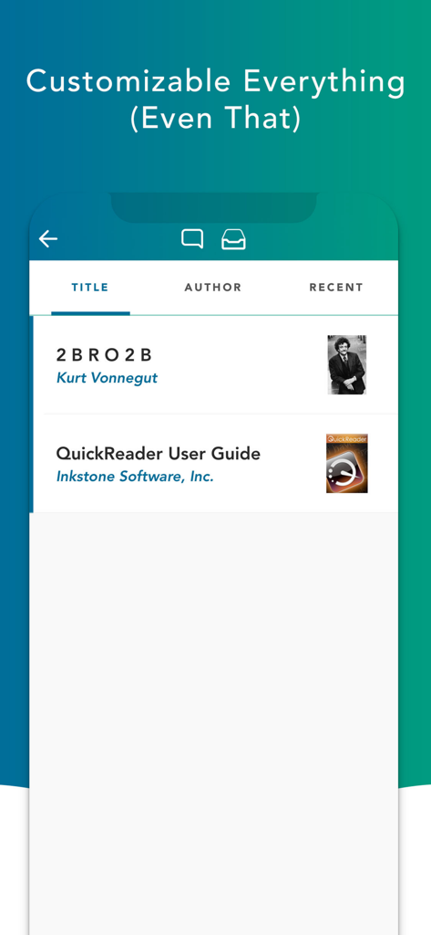 Pantalla de la biblioteca de la aplicación QuickReader Lite mostrando títulos de libros y una interfaz personalizable