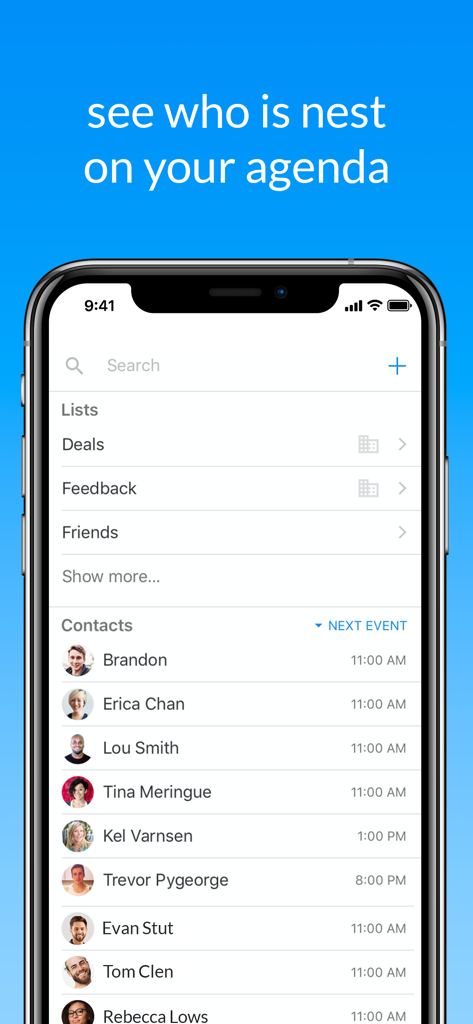 Ein Smartphone-Bildschirm, der eine Liste von Kontakten und ihre anstehenden Besprechungszeiten in der Kalender-App anzeigt