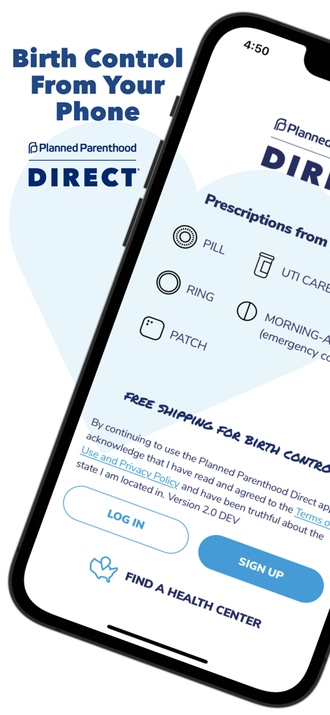 Interface do aplicativo móvel Planned Parenthood Direct para solicitação de anticoncepcionais e serviços de saúde.
