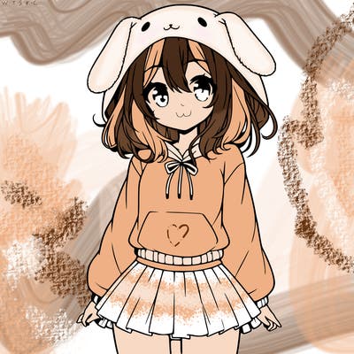 pretty anime girl wearing a fluffy hoodie with bunny ears on the hood and a skirt