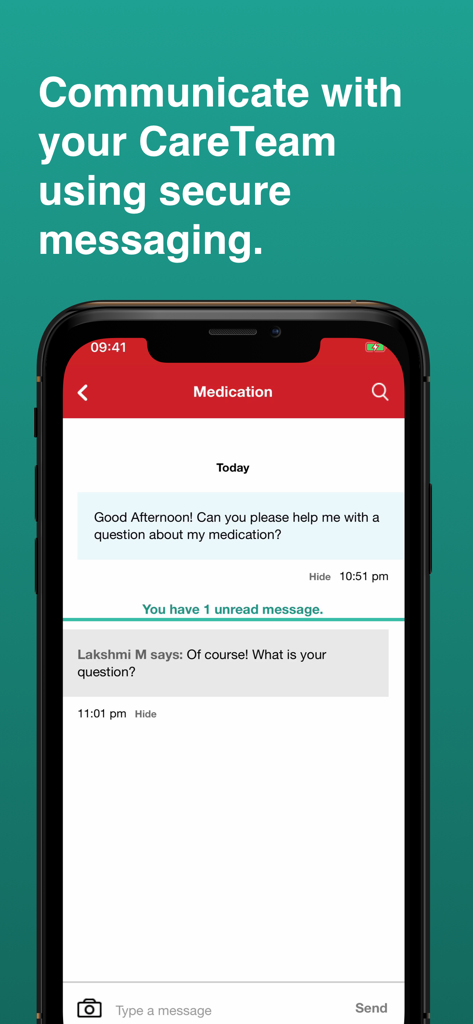 CVS Specialty - A mobile interface showing the secure messaging feature with the CareTeam in the CVS Specialty app.