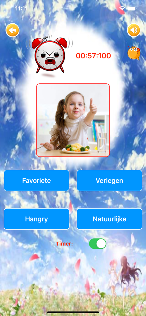 Una captura de pantalla de un juego de vocabulario de holandés de la aplicación Learn Dutch Essentials que muestra opciones de palabras y un temporizador.