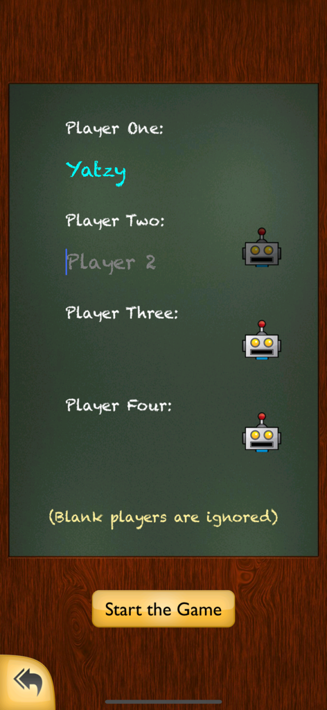 Pantalla de configuración de Yatzy Yacht con opciones para múltiples jugadores y oponentes de IA.