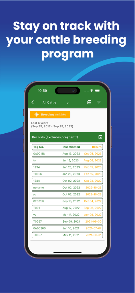 Mobile App-Bildschirm mit Einblicken in die Rinderzucht und Besamungsaufzeichnungen für das Viehmanagement