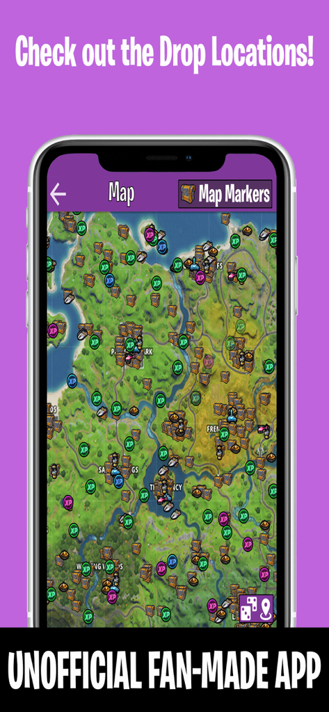 Companion for Fortnite - A zoomable Fortnite map showing chest and XP coin locations on a mobile screen