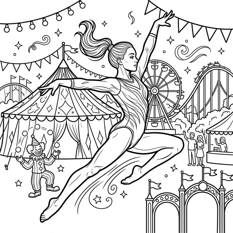 Celebrate athleticism and festive fun with this unique coloring page, showcasing an Olympic gymnast's graceful performance amidst a bustling carnival scene. This intricate design invites you to add a splash of color to exhilarating rides, circus tents, and a captivating athletic display.