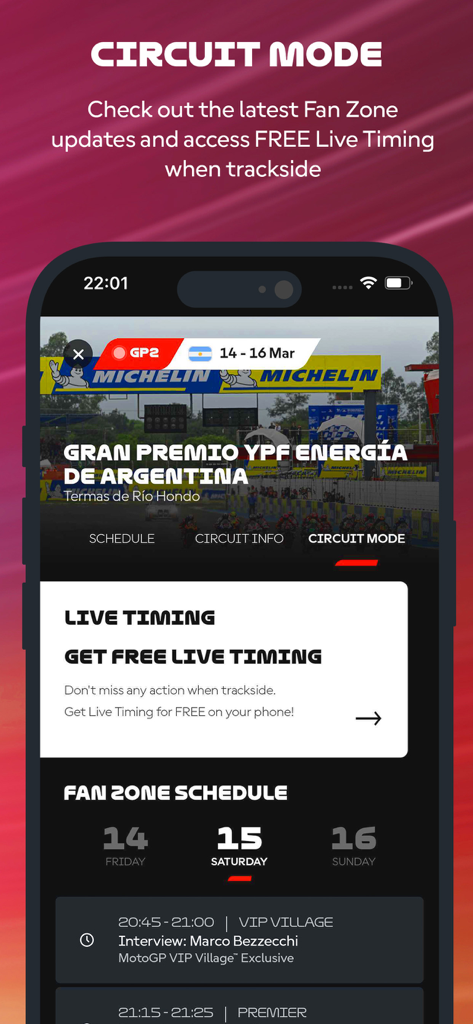 MotoGP-App-Oberfläche zeigt die Circuit Mode-Funktion mit Fan-Zonen-Zeitplan und Live-Timing für den Argentinien-Grand-Prix.