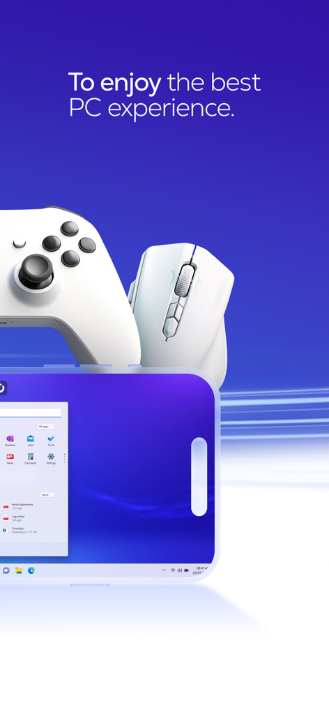 Desktop Windows do aplicativo Shadow PC em um smartphone com um controle de jogos e mouse