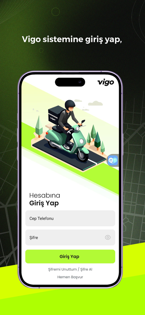 VigoKurye - VigoKurye mobile app login screen with an illustration of a delivery courier on a scooter.