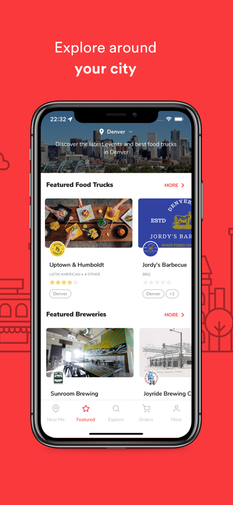 Truckster - Find Food Trucks - Truckster app interface showing featured food trucks and breweries in Denver