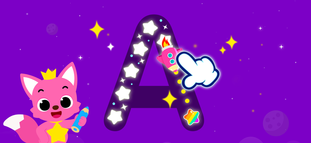A child traces the letter A using a rocketship in the Pinkfong Tracing World app