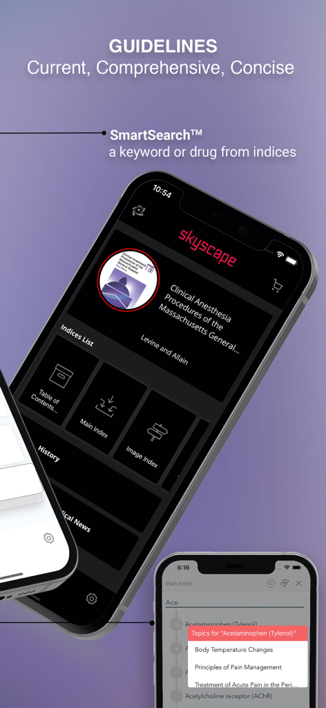 Clinical Anesthesia MGH HBK - Clinical Anesthesia MGH app interface displaying search results for medical guidelines and medication indices