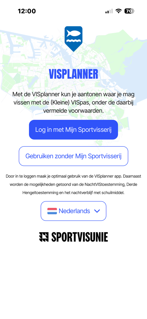 VISplanner App Willkommensbildschirm mit Anmeldeoptionen für niederländische Angelvorschriften