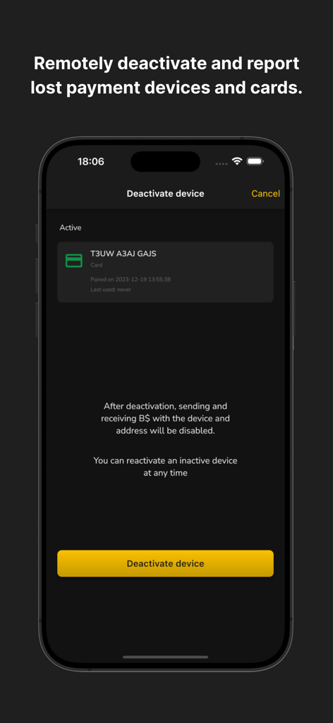 SandDollar - SandDollar app screen showing how to remotely deactivate a lost payment device or card for enhanced security.